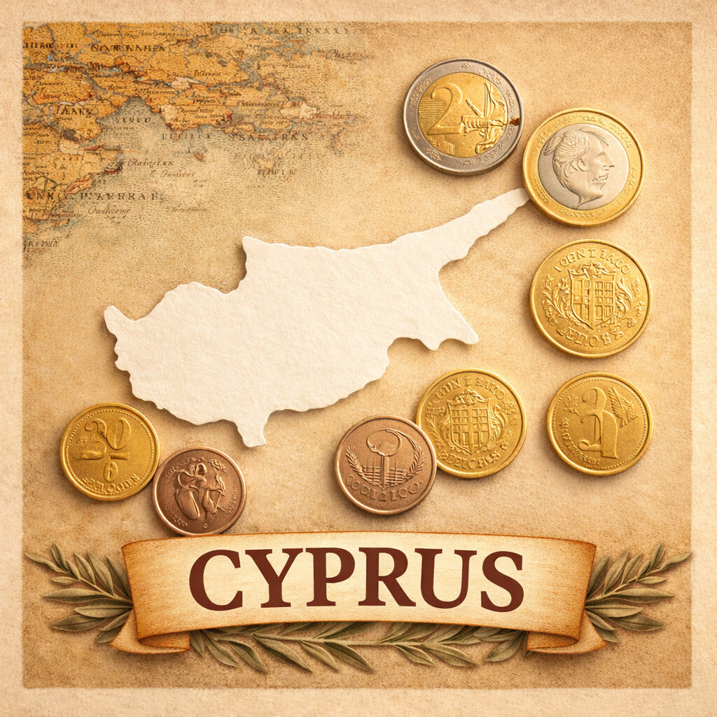 Cyprus euro coins collection with island map, official mint coins and historical designs