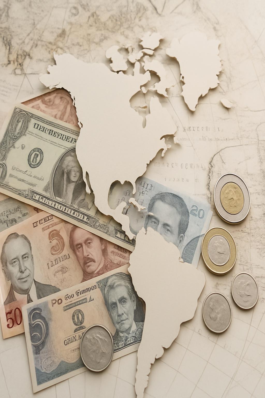 Banknotes and coins from North and South America displayed around a cutout map of the Americas.