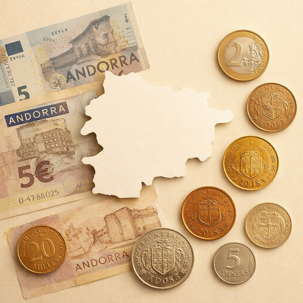 Présentation artistique de pièces et billets andorrans entourant la carte de l’Andorre, symbolisant l’histoire monétaire et la culture du pays.