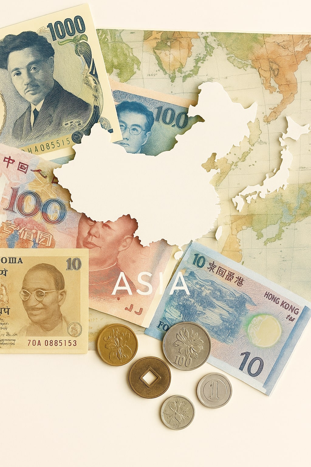 Asian banknotes and coins presented around a precise cutout map of Asia.