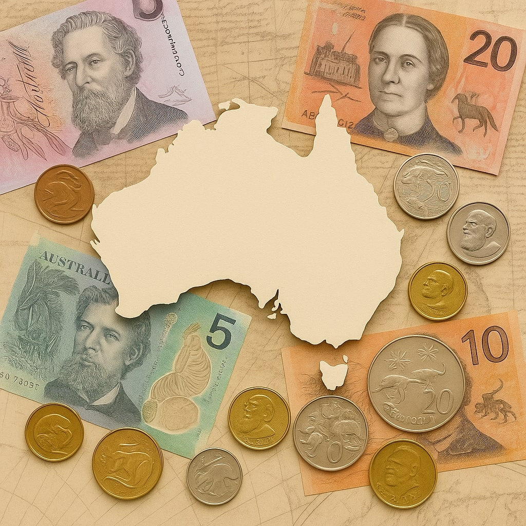 Australian coins and banknotes collection on vintage map background