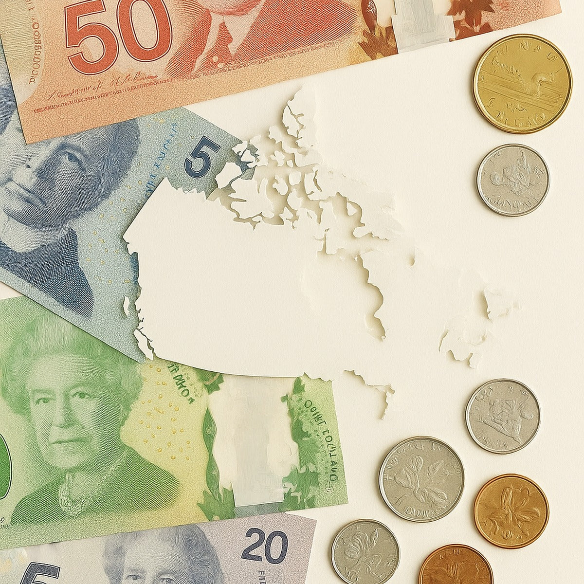 Canadian banknotes and coins arranged around a clean cutout map of Canada on a light background.