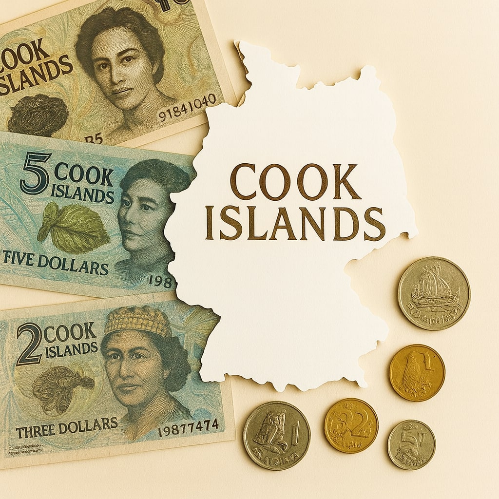 Cook Islands collectible banknotes and coins arranged around island map silhouette