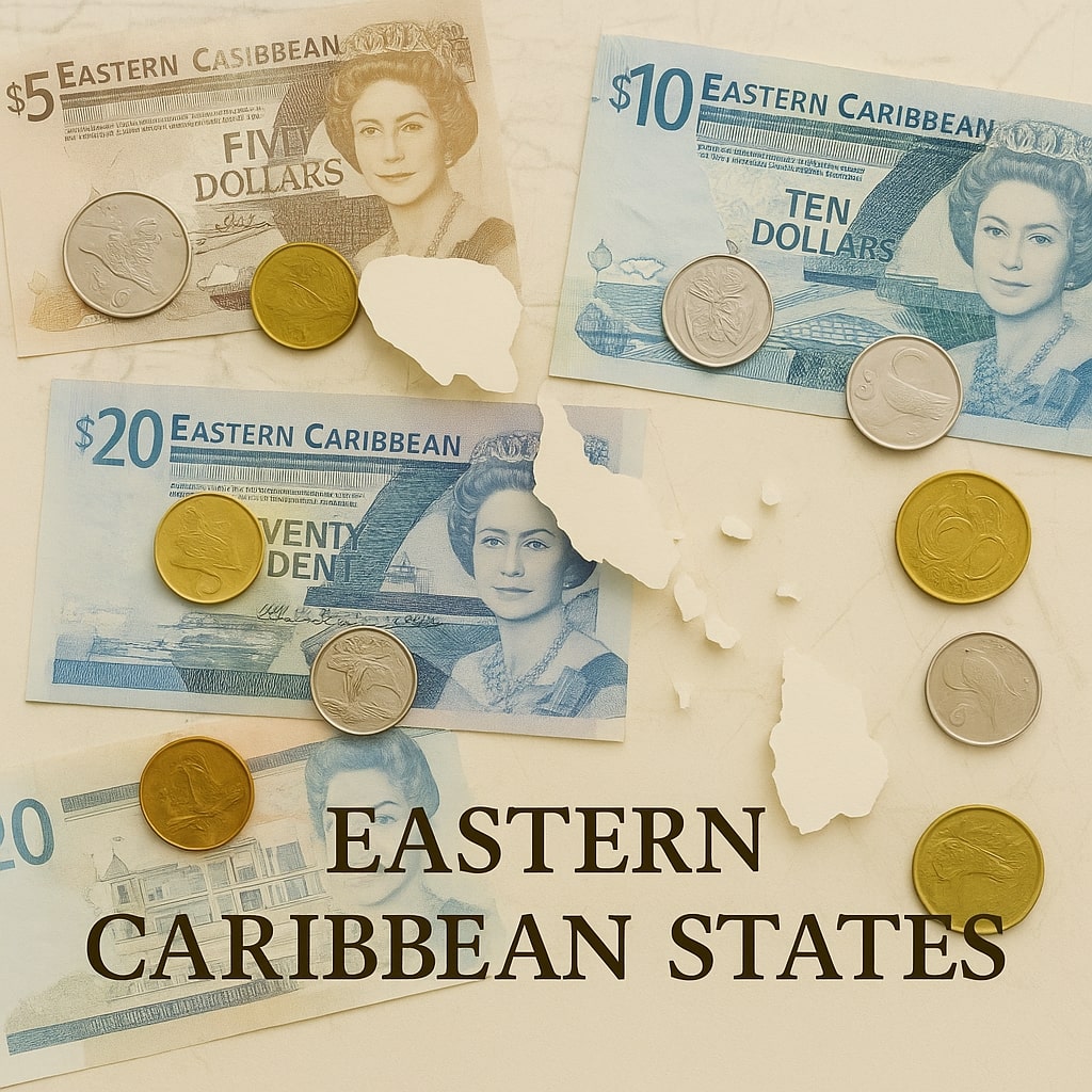 Eastern Caribbean States coins and banknotes collection on vintage map background