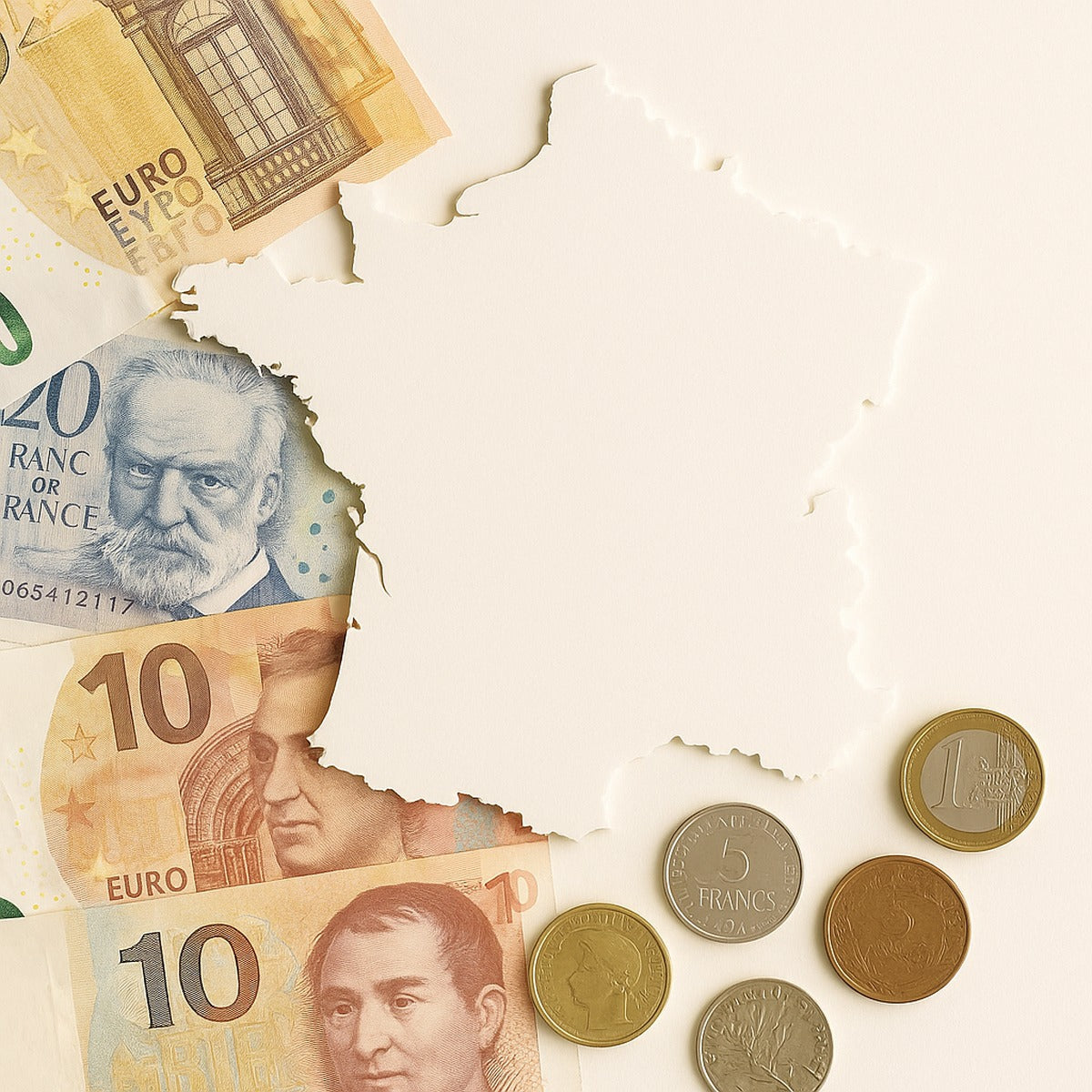 French banknotes and coins arranged around a clean cutout map of France on a light background.
