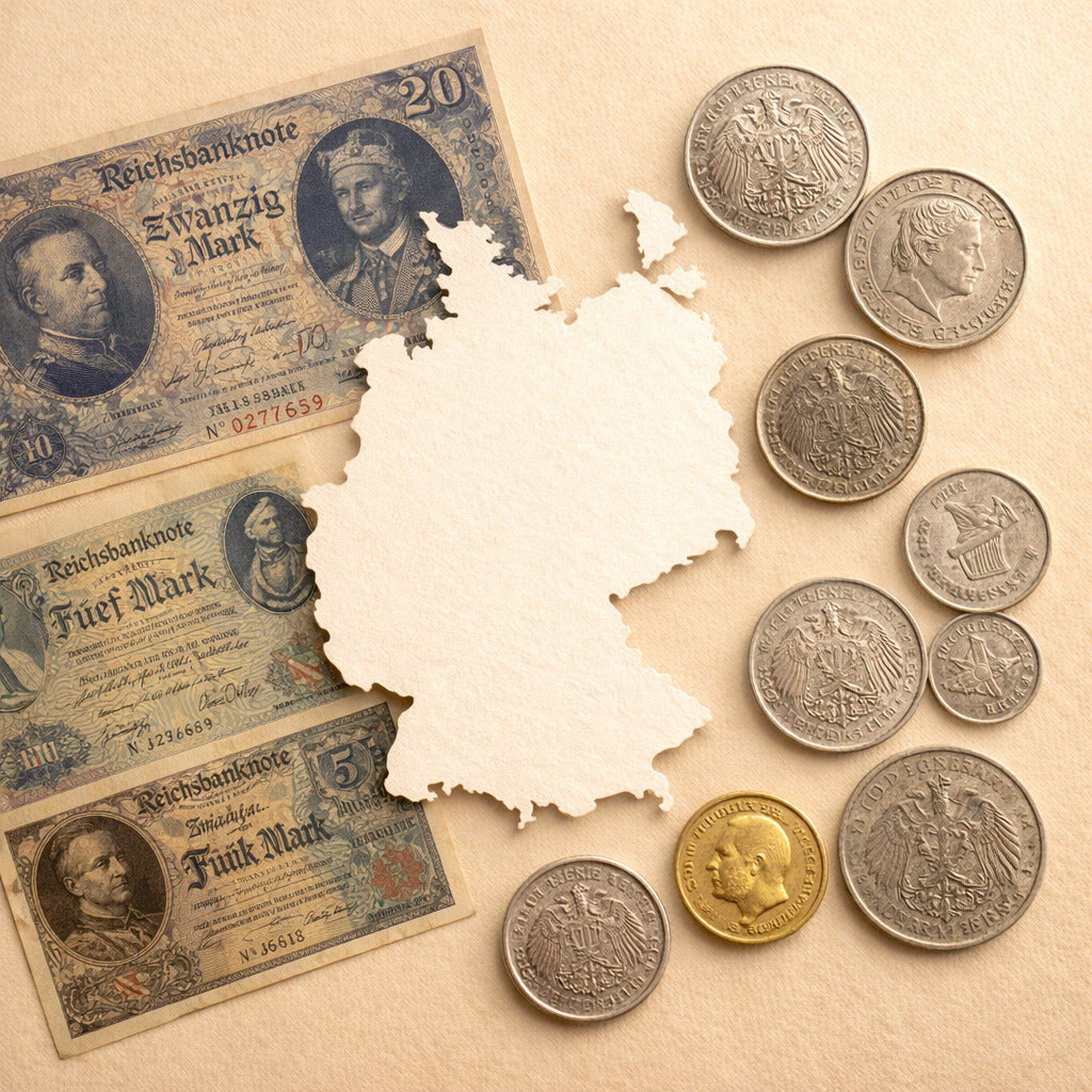 German Empire coins and banknotes 1871–1918 collection with imperial eagle silver and gold marks