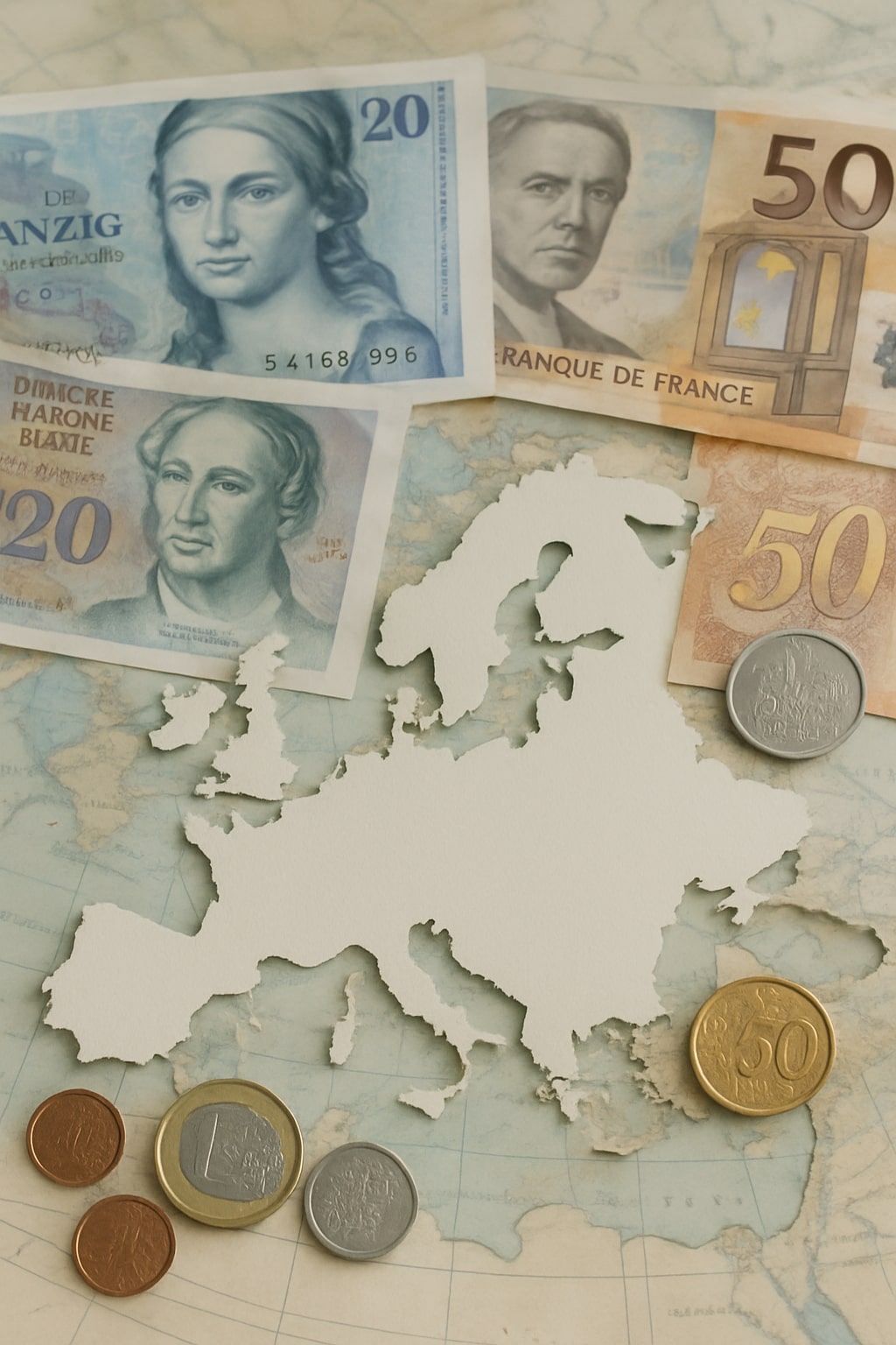 European banknotes and coins arranged around a clean cutout map of Europe.