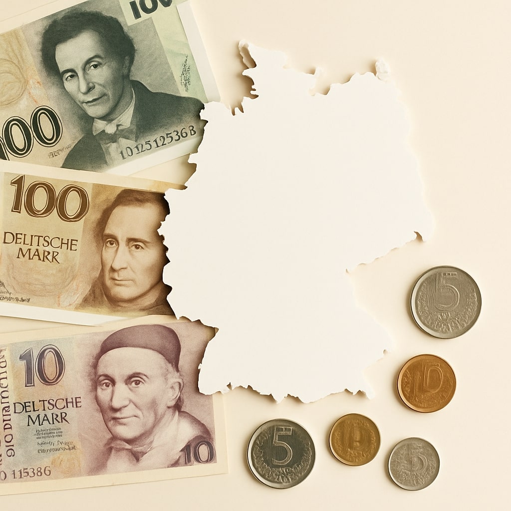 German banknotes and coins arranged around a clean cutout map of Germany on a light background.