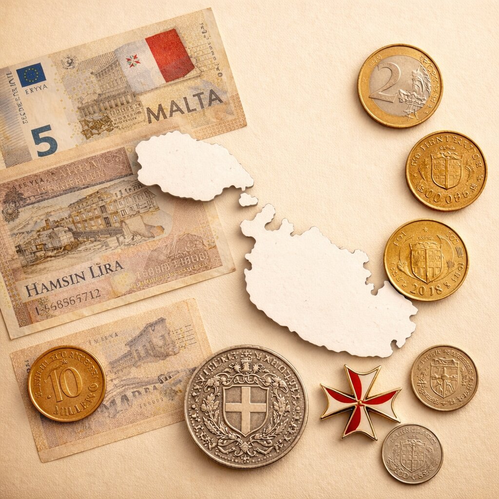 Malta coins and banknotes collection featuring euro coins, Maltese lira and historical currency on neutral background