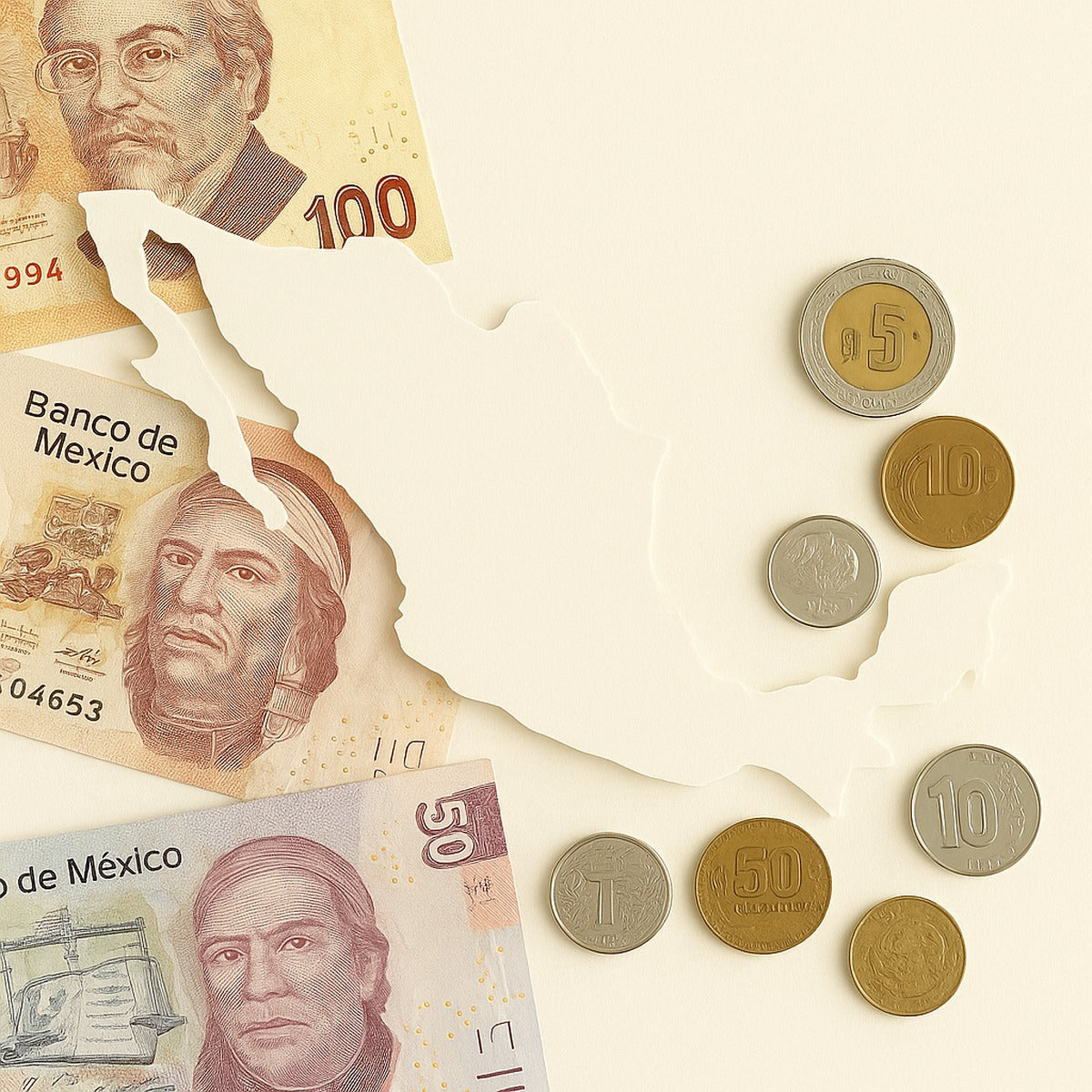 Mexican banknotes and coins arranged around a clean cutout map of Mexico on a light background.