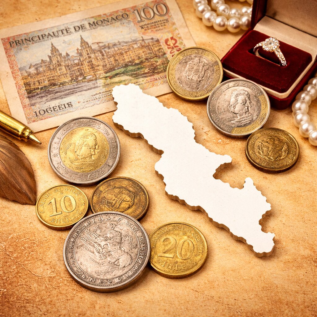 Monaco coins and banknotes collection featuring euro coins, Monaco franc and historical currency on beige background