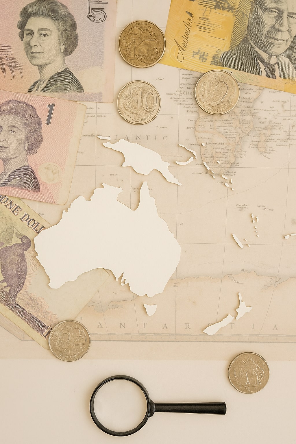 Banknotes and coins from Oceania arranged next to a clean white cutout of the Oceania map.
