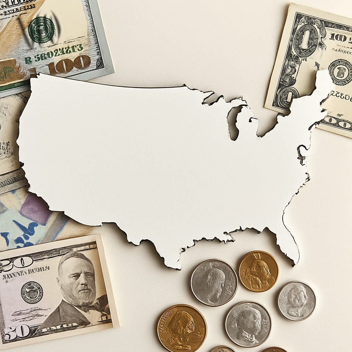 U.S. banknotes and coins arranged around a dark-outlined cutout map of the United States on a light background.