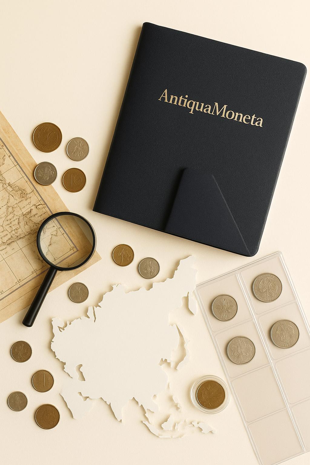 Coin collecting accessories — album, magnifier, capsules, and holders — arranged on a clean light background.