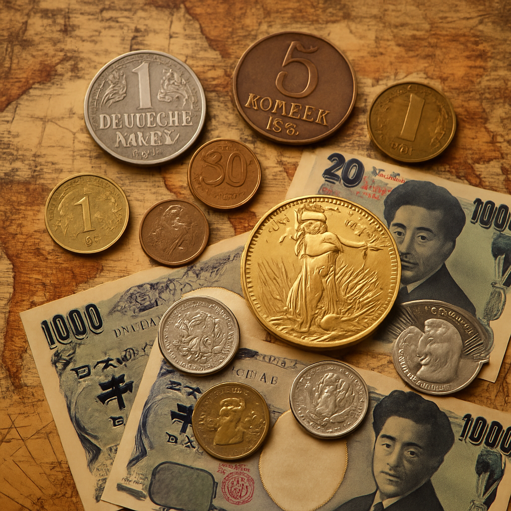 Collection of international coins and banknotes including silver, gold, and commemorative pieces on wooden background
