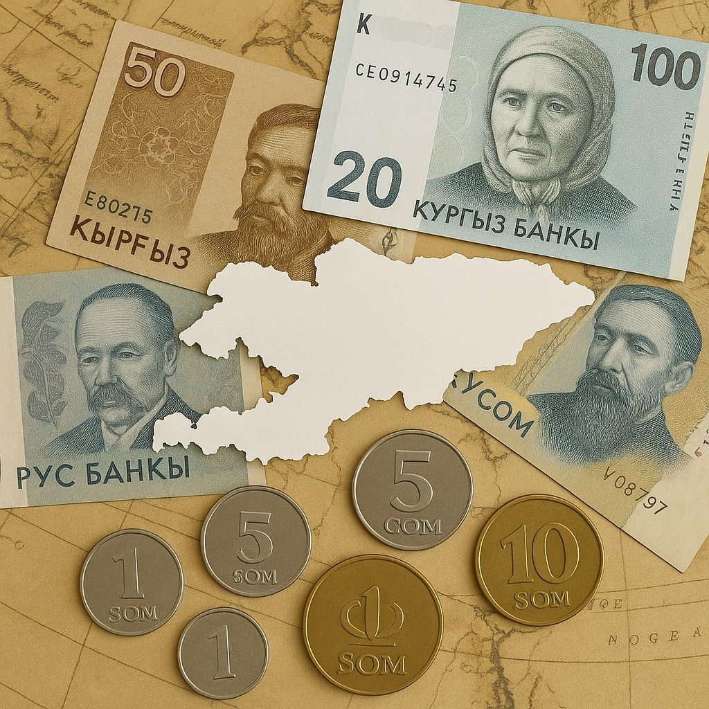 A selection of Kyrgyz banknotes and coins arranged around a clean cutout map of Kyrgyzstan on a light background.