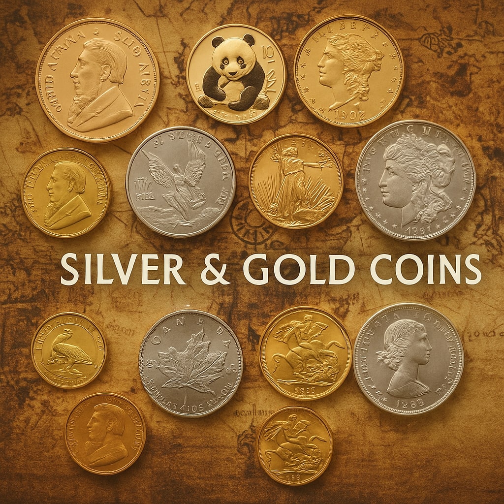 Silver and gold collectible coins on a vintage map – Silver & Gold Coins collection image