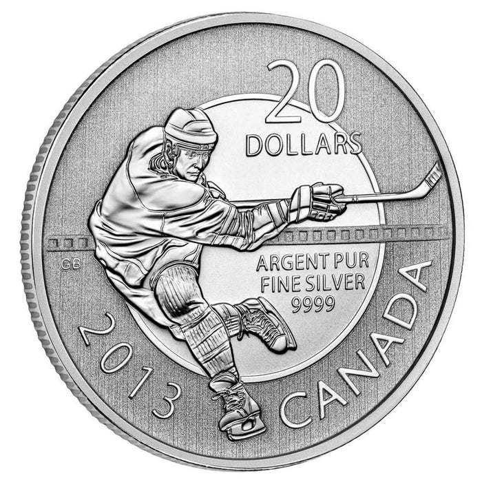 2013 Canada $20 Hockey fine silver coin featuring hockey player design, 99.99% pure silver.