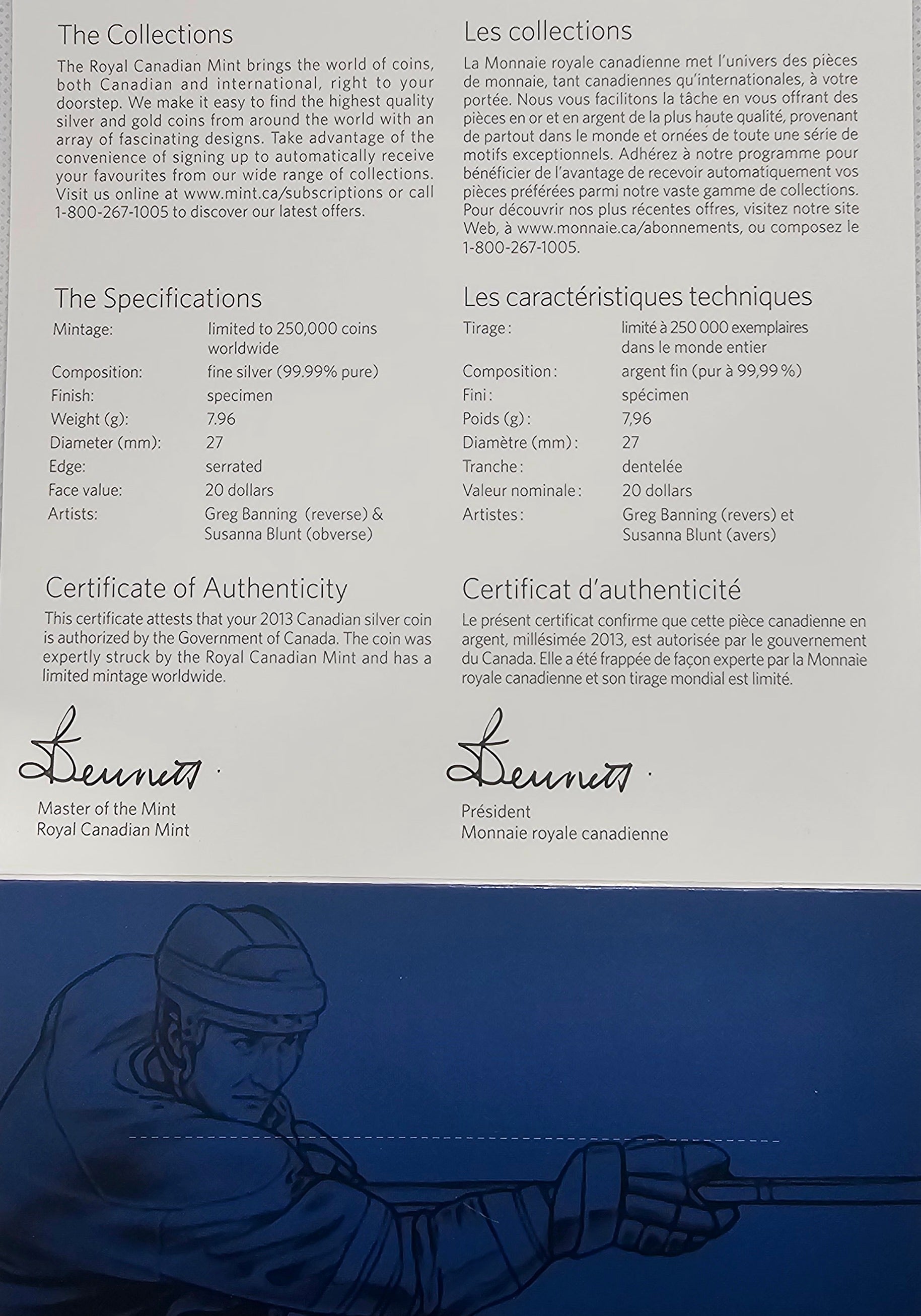 Royal Canadian Mint Certificate of Authenticity and specifications for 2013 $20 Hockey silver coin.