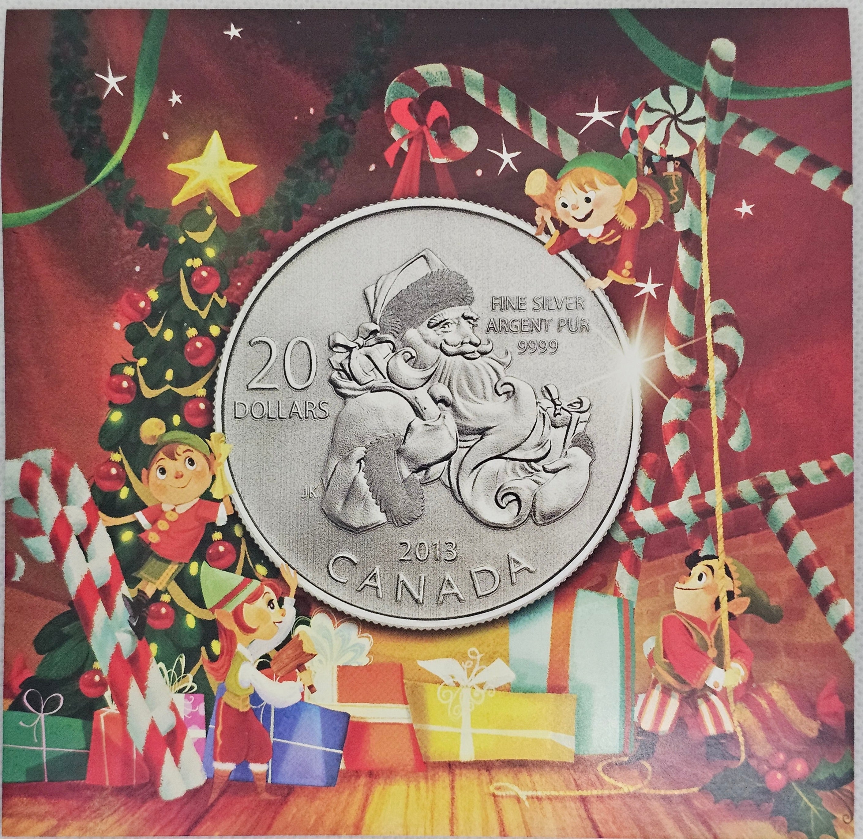 Canada 2013 $20 Santa Claus silver coin with colorful Christmas packaging and elves illustration.