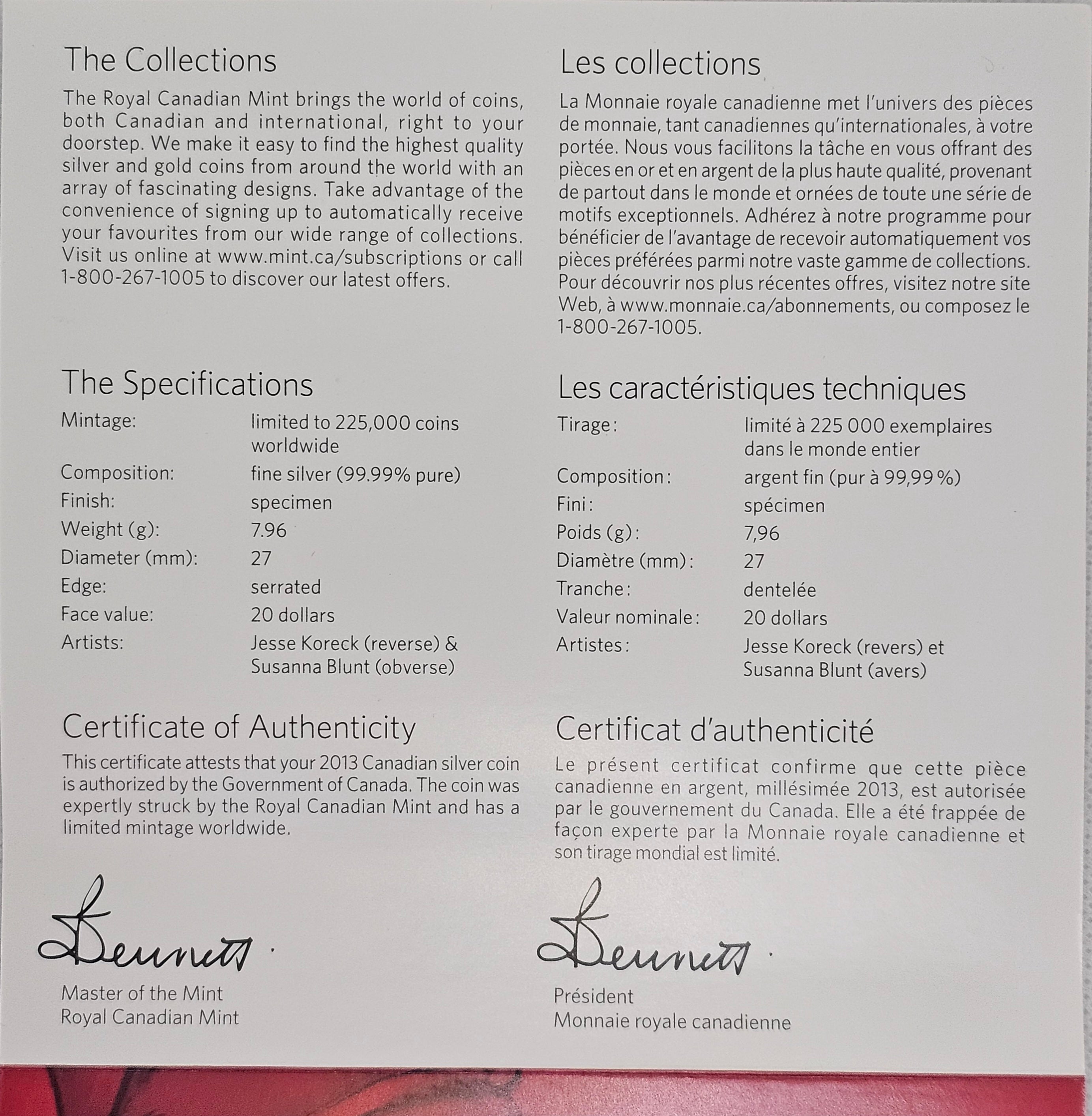 Royal Canadian Mint Certificate of Authenticity and specifications for 2013 $20 Santa Claus fine silver coin.