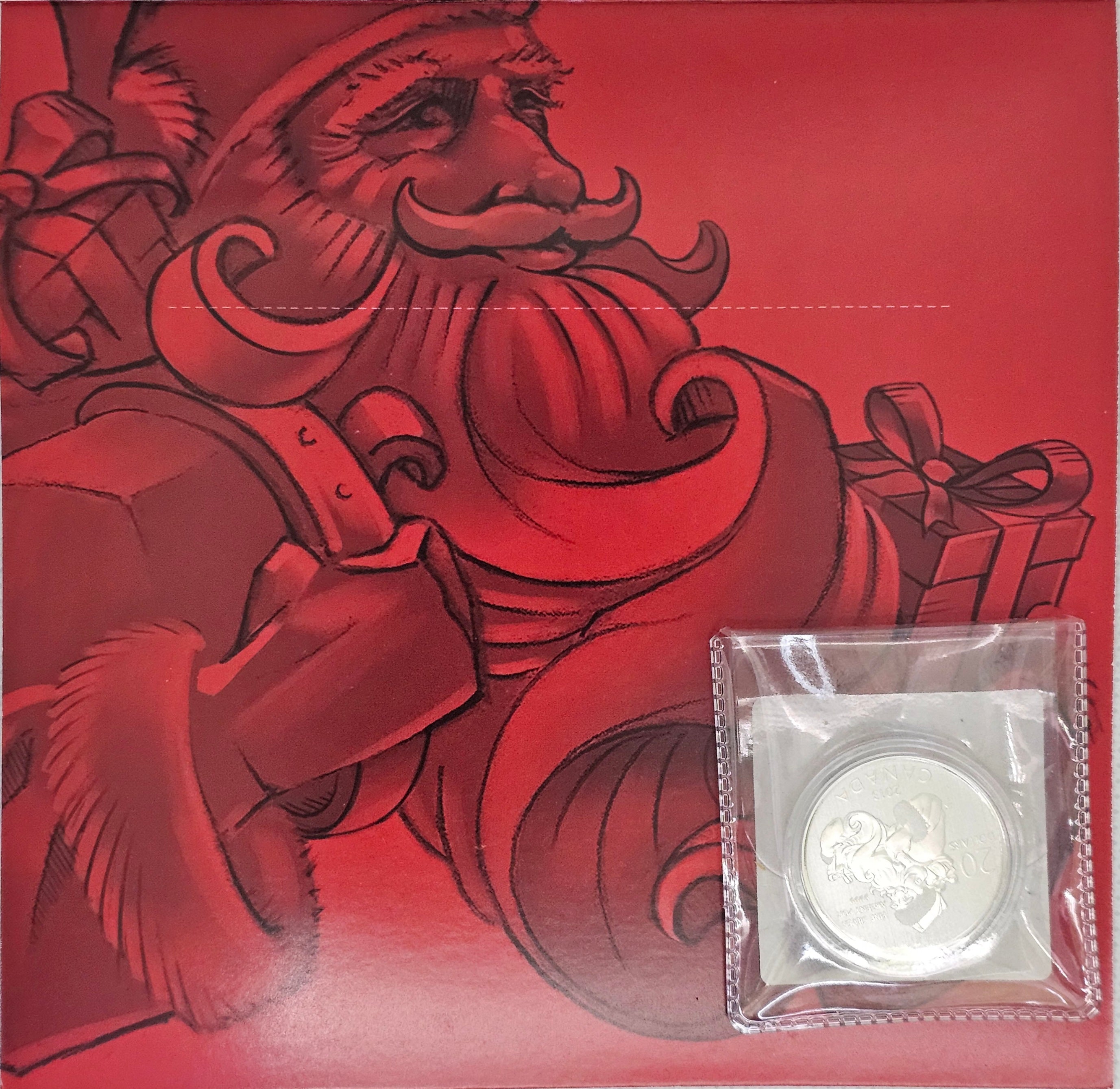 Back side of 2013 Canada $20 Santa Claus coin packaging with red Santa artwork.
