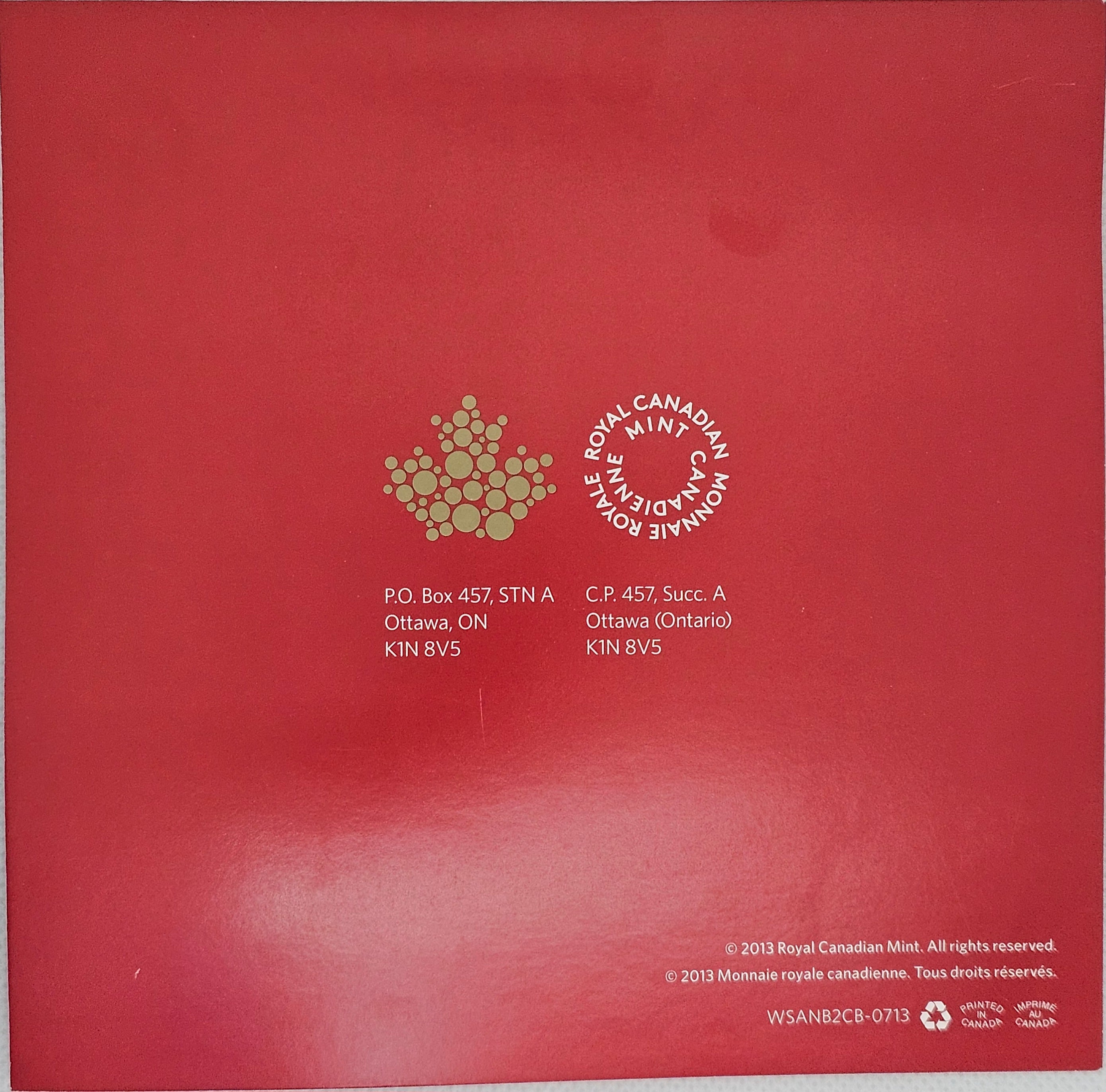 Back cover of Royal Canadian Mint packaging for 2013 $20 Santa Claus silver coin.