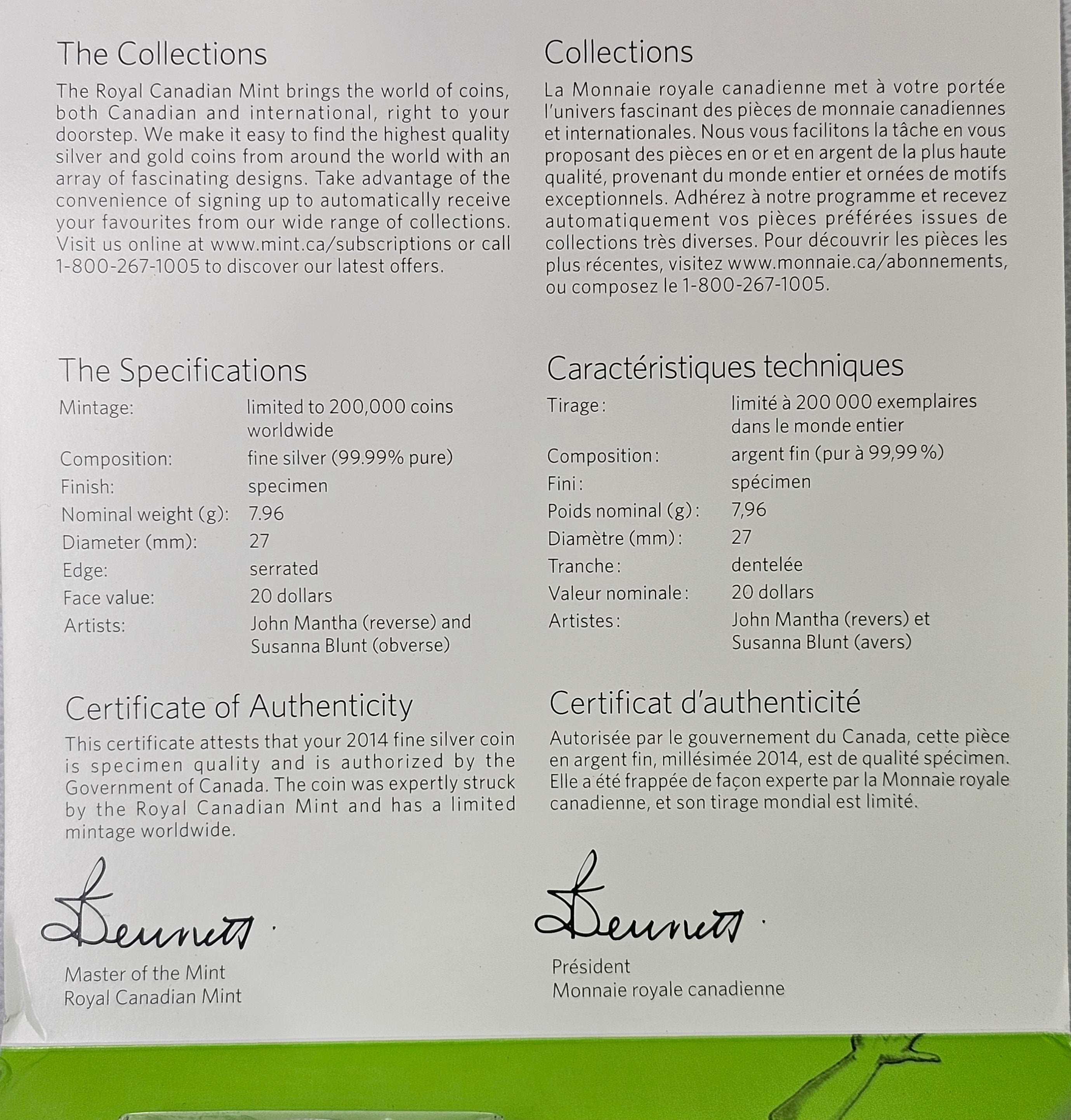 Royal Canadian Mint specifications and Certificate of Authenticity for 2014 $20 Summer Fun silver coin.