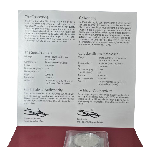 Royal Canadian Mint Certificate of Authenticity and specs for 2015 $20 Gingerbread Man silver coin.