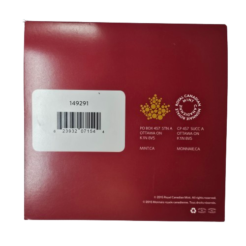 Back packaging of 2015 Canada $20 Gingerbread Man silver coin with Royal Canadian Mint logo.