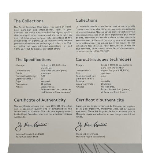 Certificate of Authenticity and specifications for 2015 $20 Bugs Bunny silver coin.