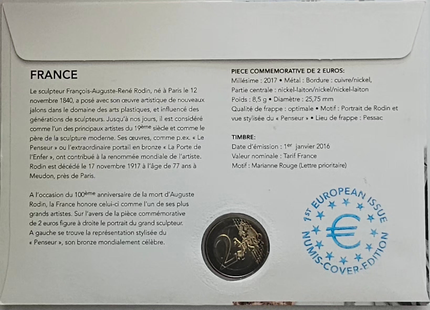 2017 France 2€ Commemorative Coin – Auguste Rodin – Numis Cover First Day – UNC