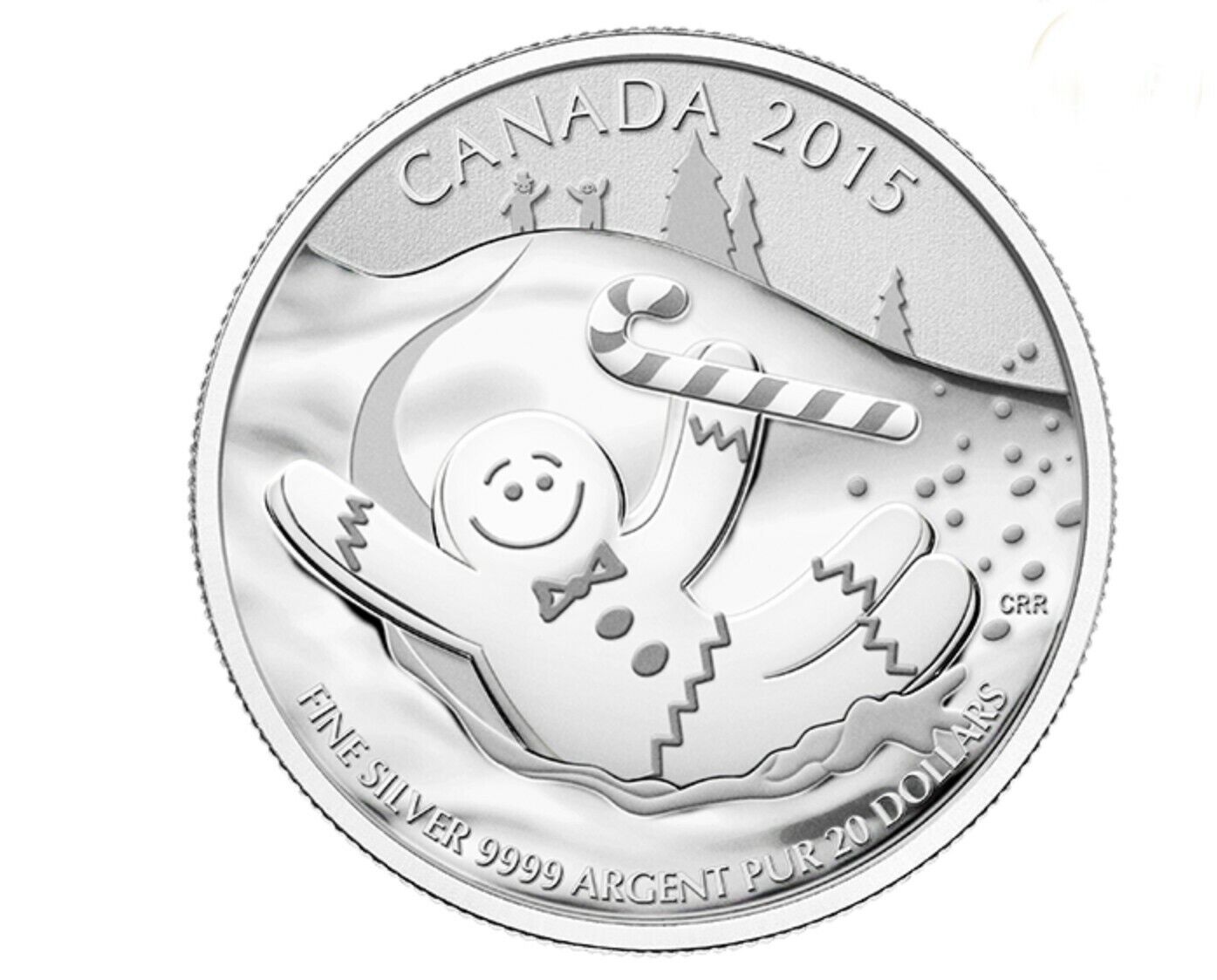 2015 Canada $20 Gingerbread Man silver coin reverse featuring gingerbread cookie and candy cane.