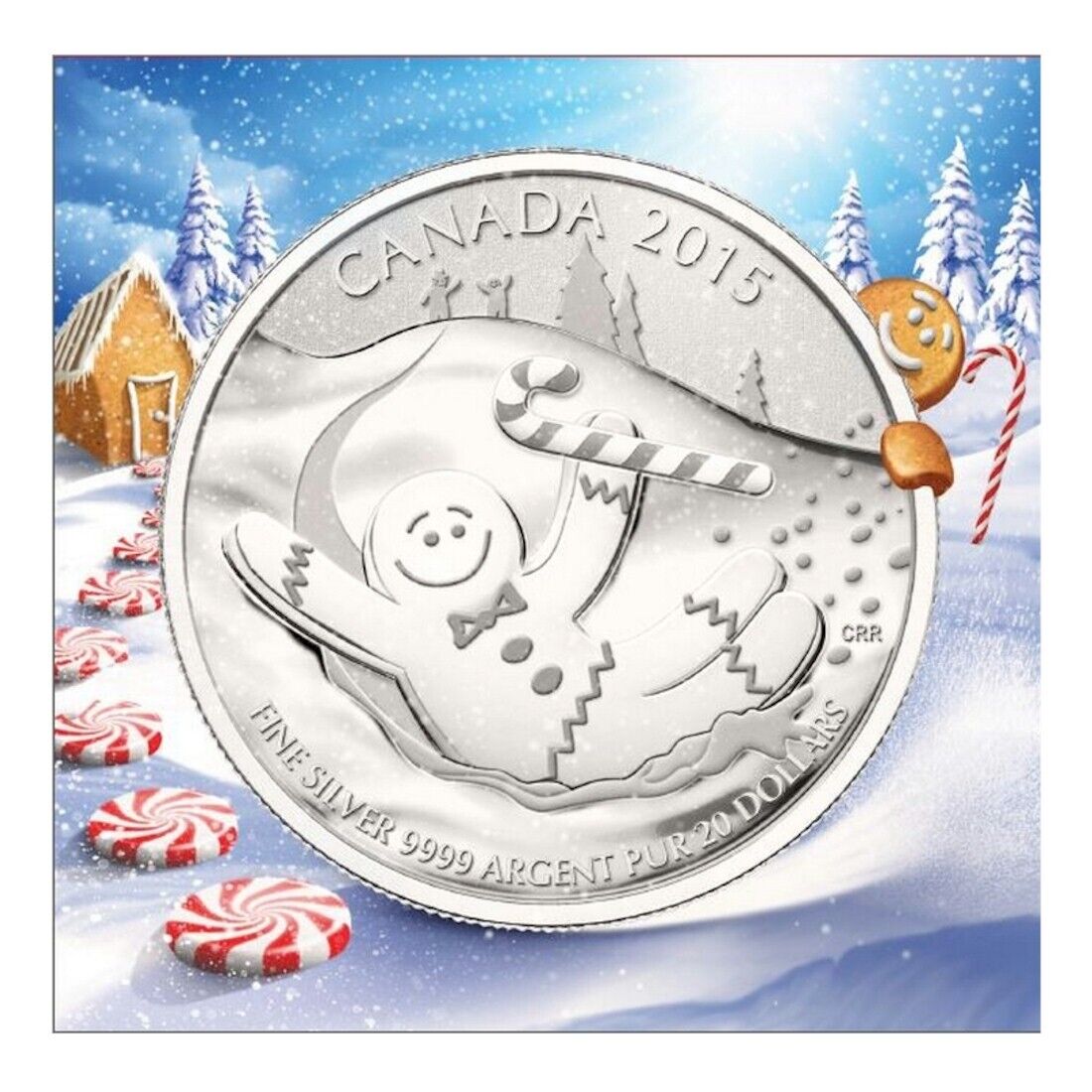 Holiday themed display of 2015 $20 Gingerbread Man silver coin with snowy background and gingerbread house.