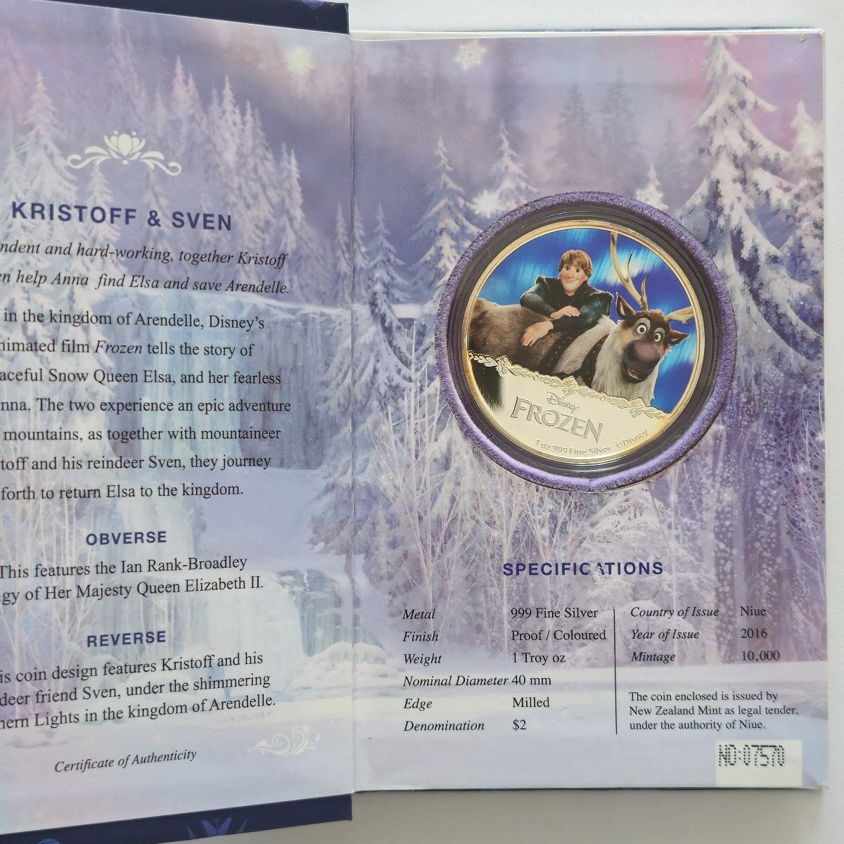 Frozen Kristoff & Sven 1 oz Silver Coin in a Gift Book – Detailed Description and Specifications