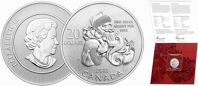 Front and back of Canada 2013 $20 Santa Claus silver coin with COA and official packaging.
