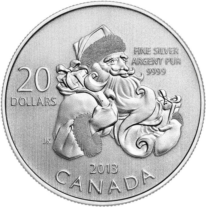 2013 Canada $20 Santa Claus fine silver coin reverse design close-up.