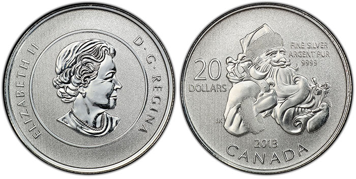 Obverse with Queen Elizabeth II and reverse Santa Claus design — Canada 2013 $20 silver coin.