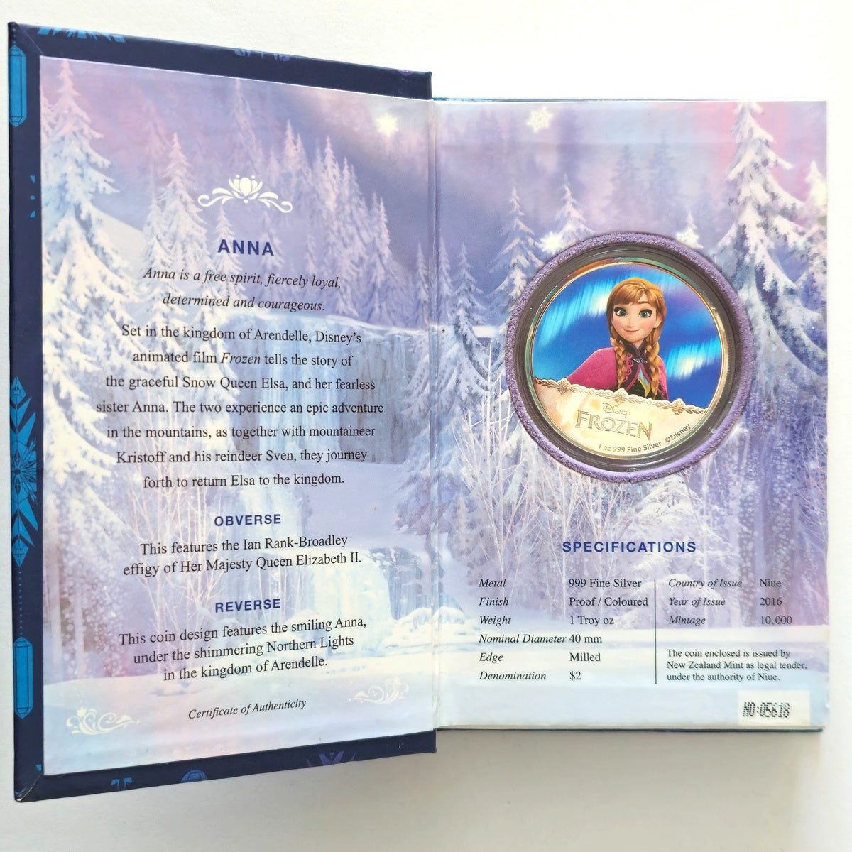 Disney Frozen Anna 1 oz silver coin in presentation book — specifications and certificate by New Zealand Mint.”