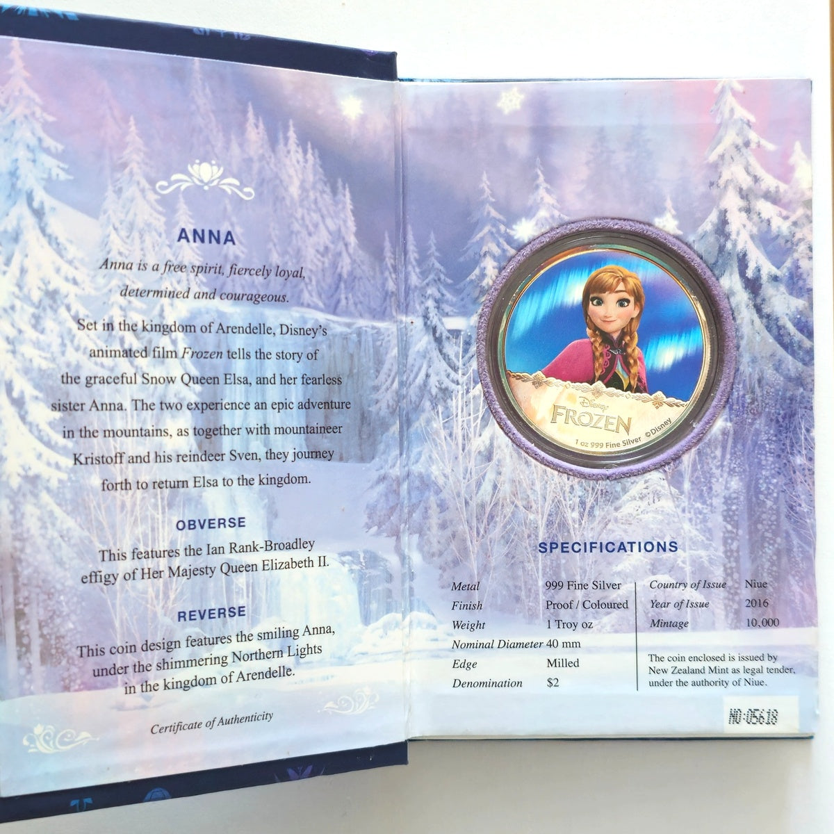 Anna Frozen collectible coin — coloured 1 oz 999 silver coin in original New Zealand Mint packaging.