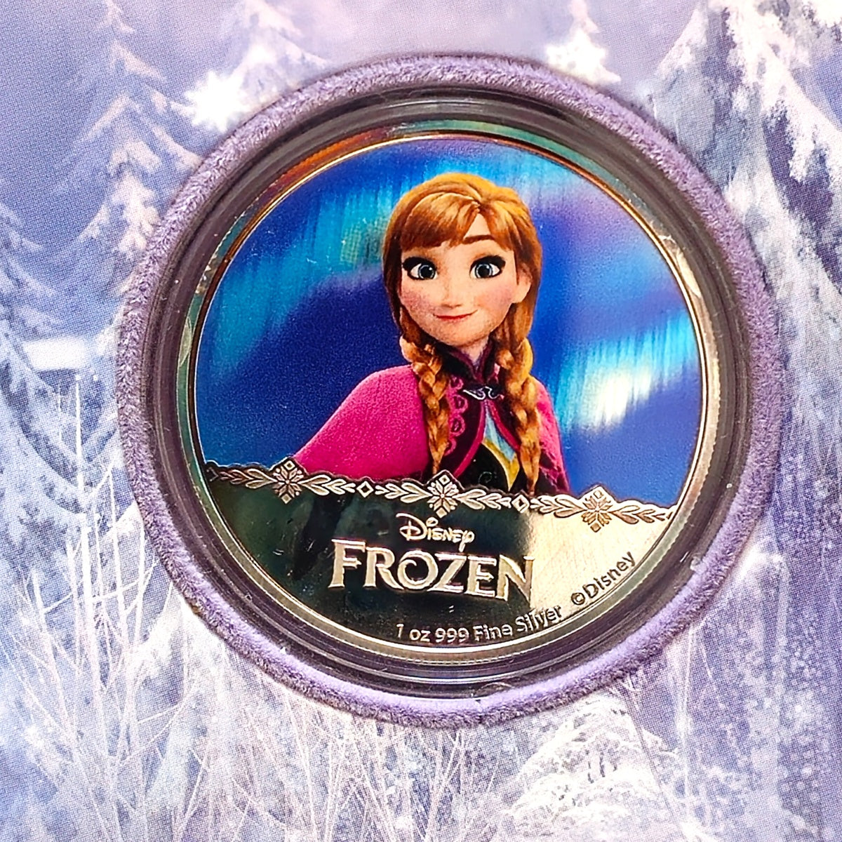 Anna Frozen 1 oz coloured silver coin — detailed close-up of reverse design, New Zealand Mint.”
