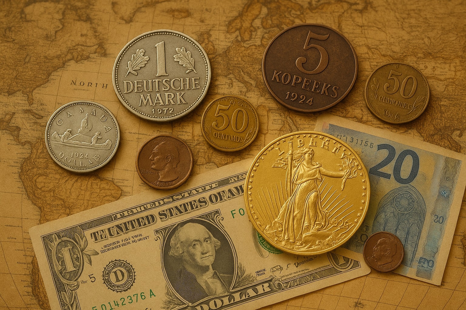 Historic silver and gold coins on a world map