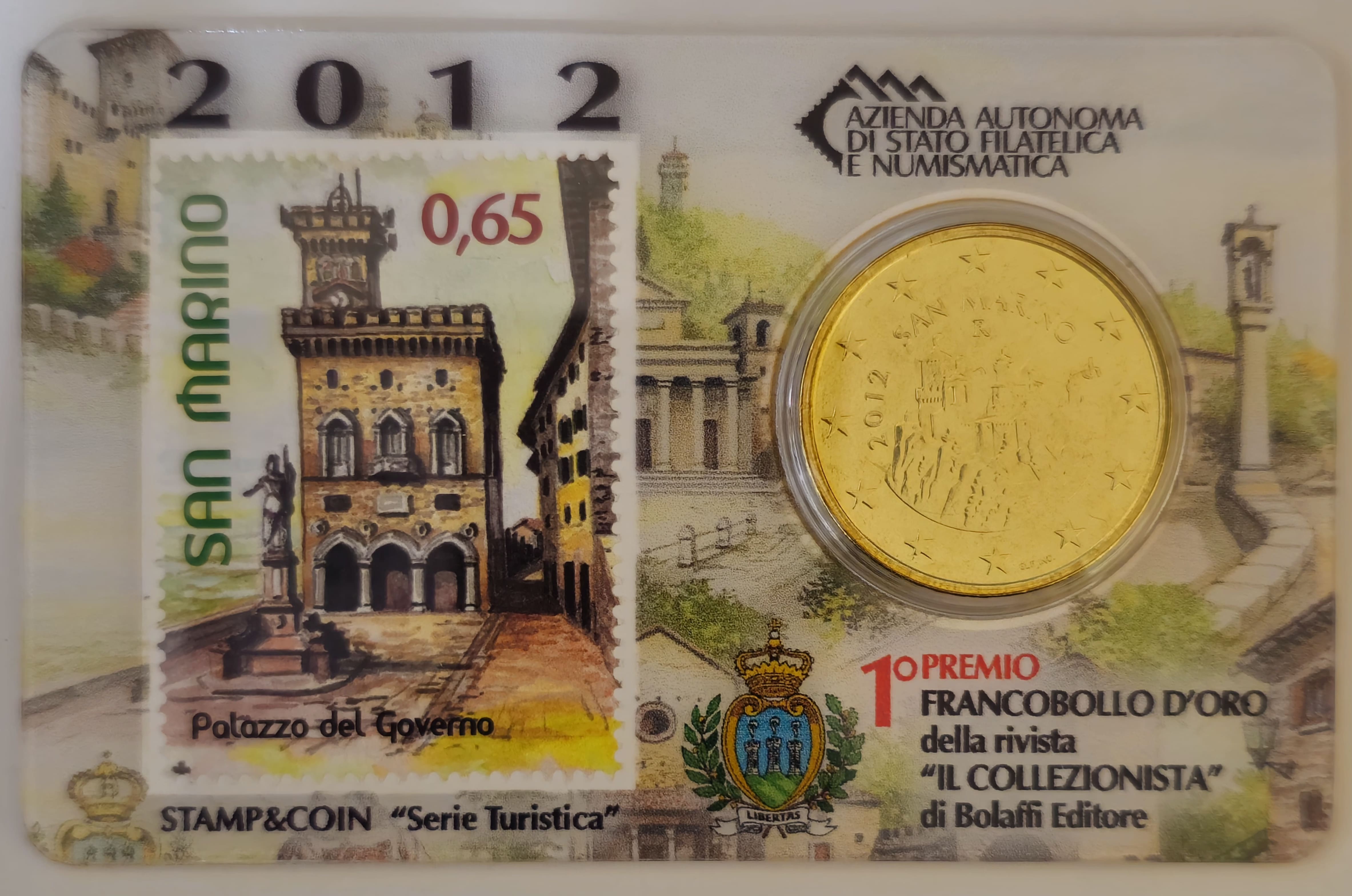50 Cent Tourist Coin Card with Stamp - San Marino 2012 Palazzo del Governo