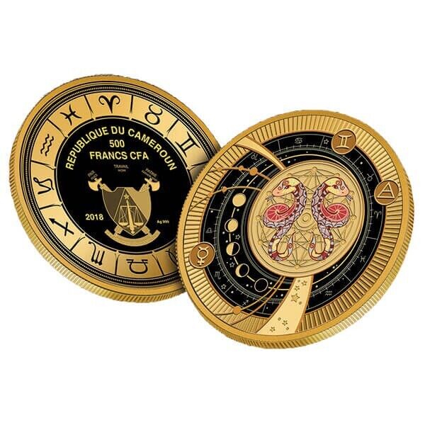 Signe du Zodiaque Gémeaux Pièce d'Argent Proof 500 Francs Cameroun 2018