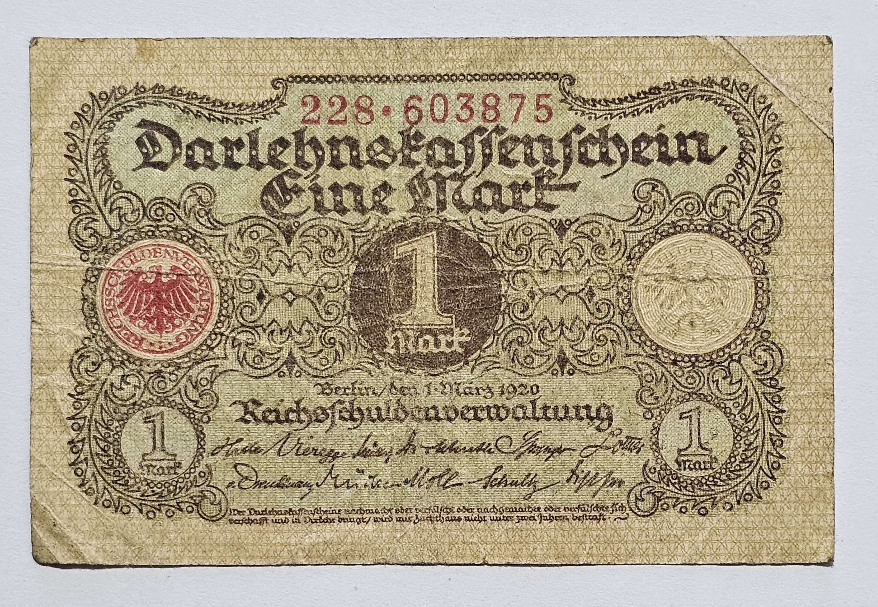 1 Mark Darlehnskassenschein- German Weimar  bank note dated: 1 March 1920