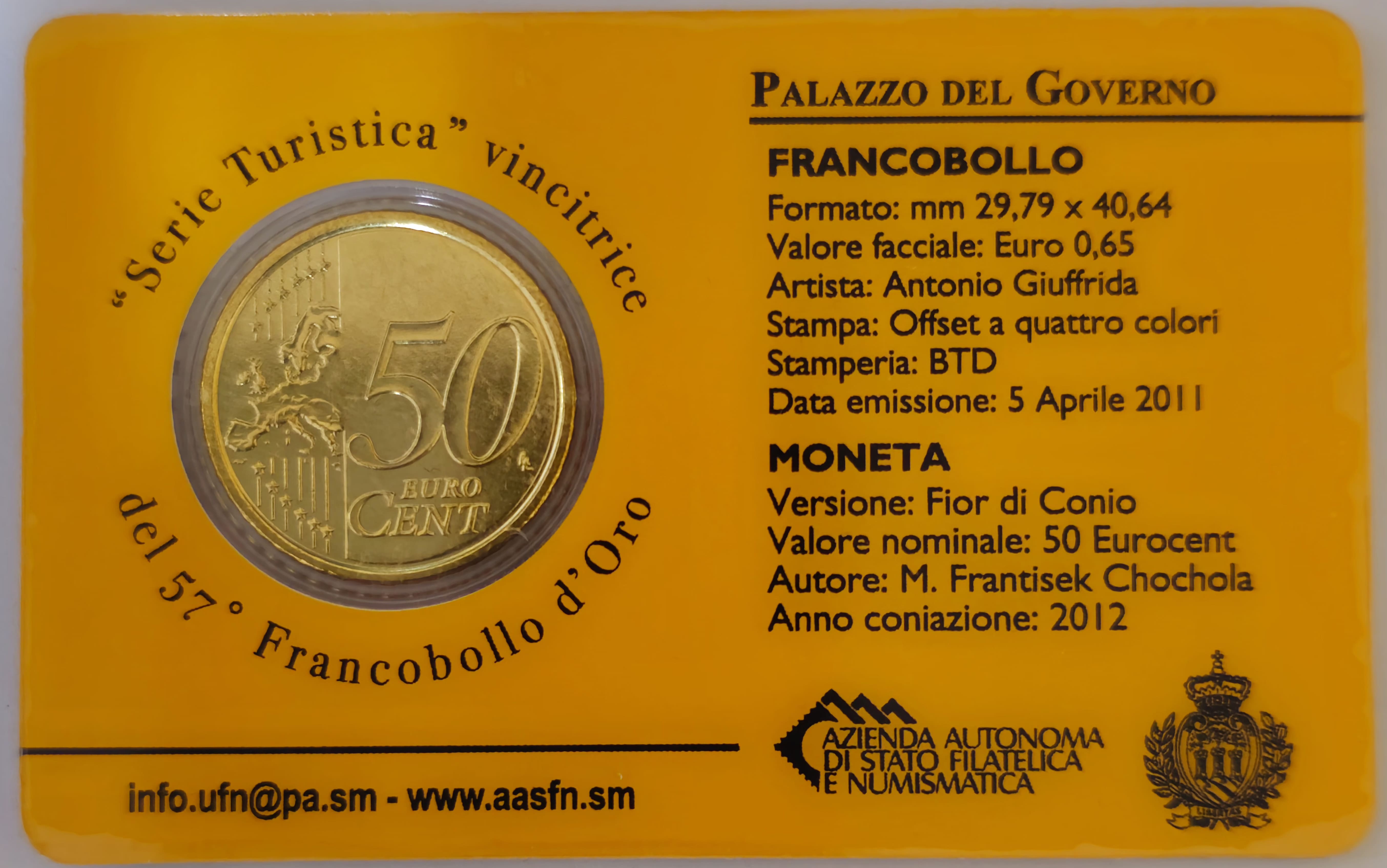 50 Cent Tourist Coin Card with Stamp - San Marino 2012 Palazzo del Governo