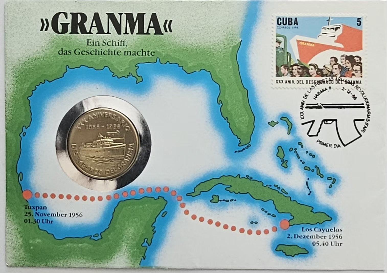 Granma numismatic cover, front: map of the 1956 voyage, coin, Cuban stamp, Havana first-day postmark
