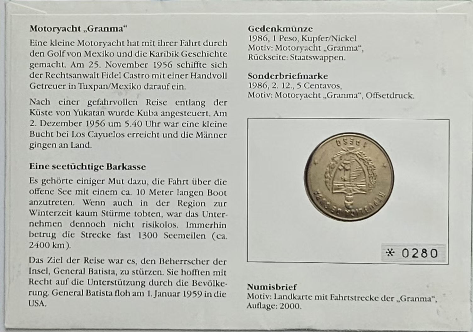 Cover back: German text about the Granma, coin specifications, edition number 0280