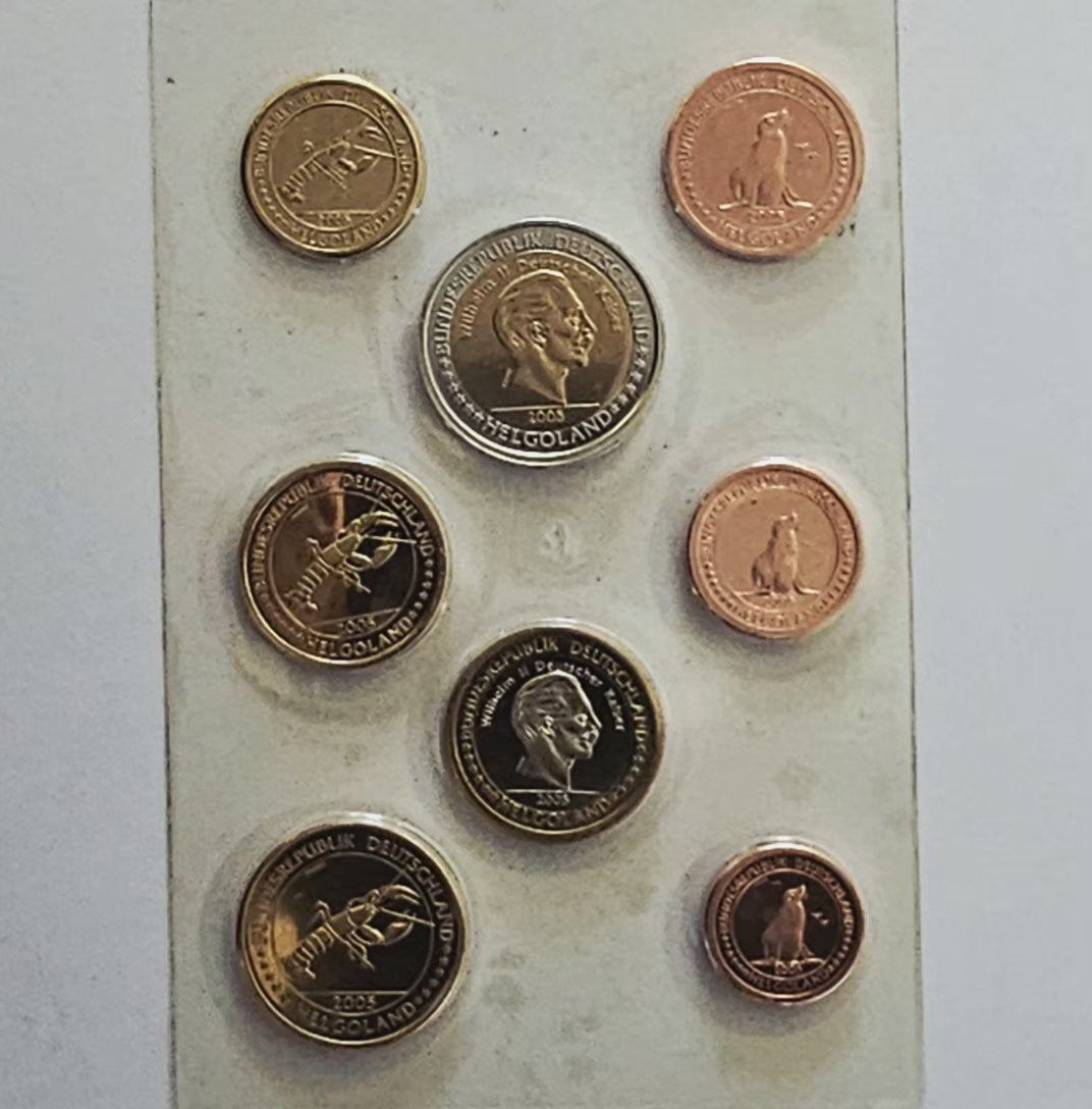 Heligoland pattern coins, national sides: seal, lobster, Kaiser Wilhelm II