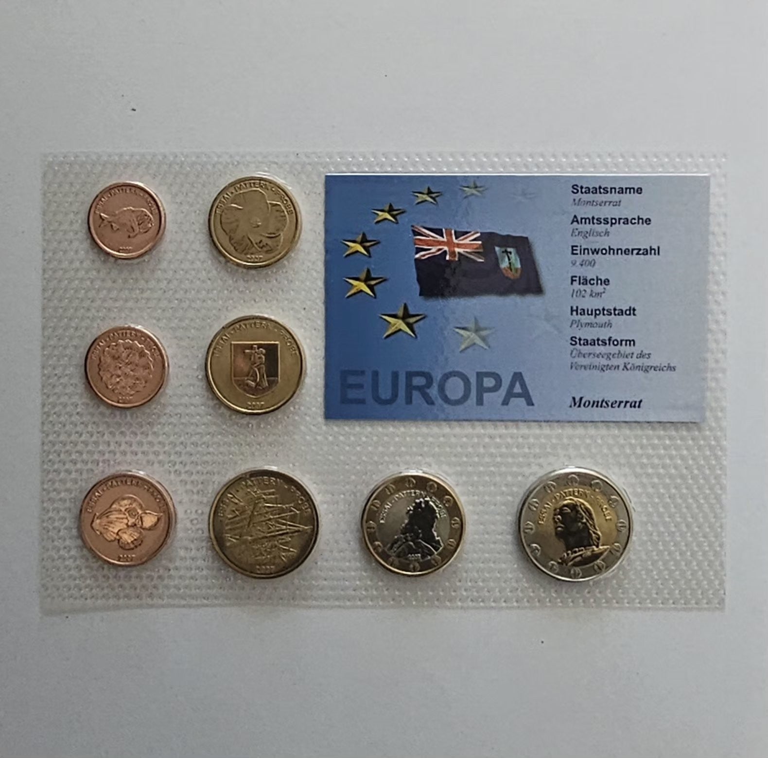 Montserrat euro pattern coins, national sides, sealed card with country data